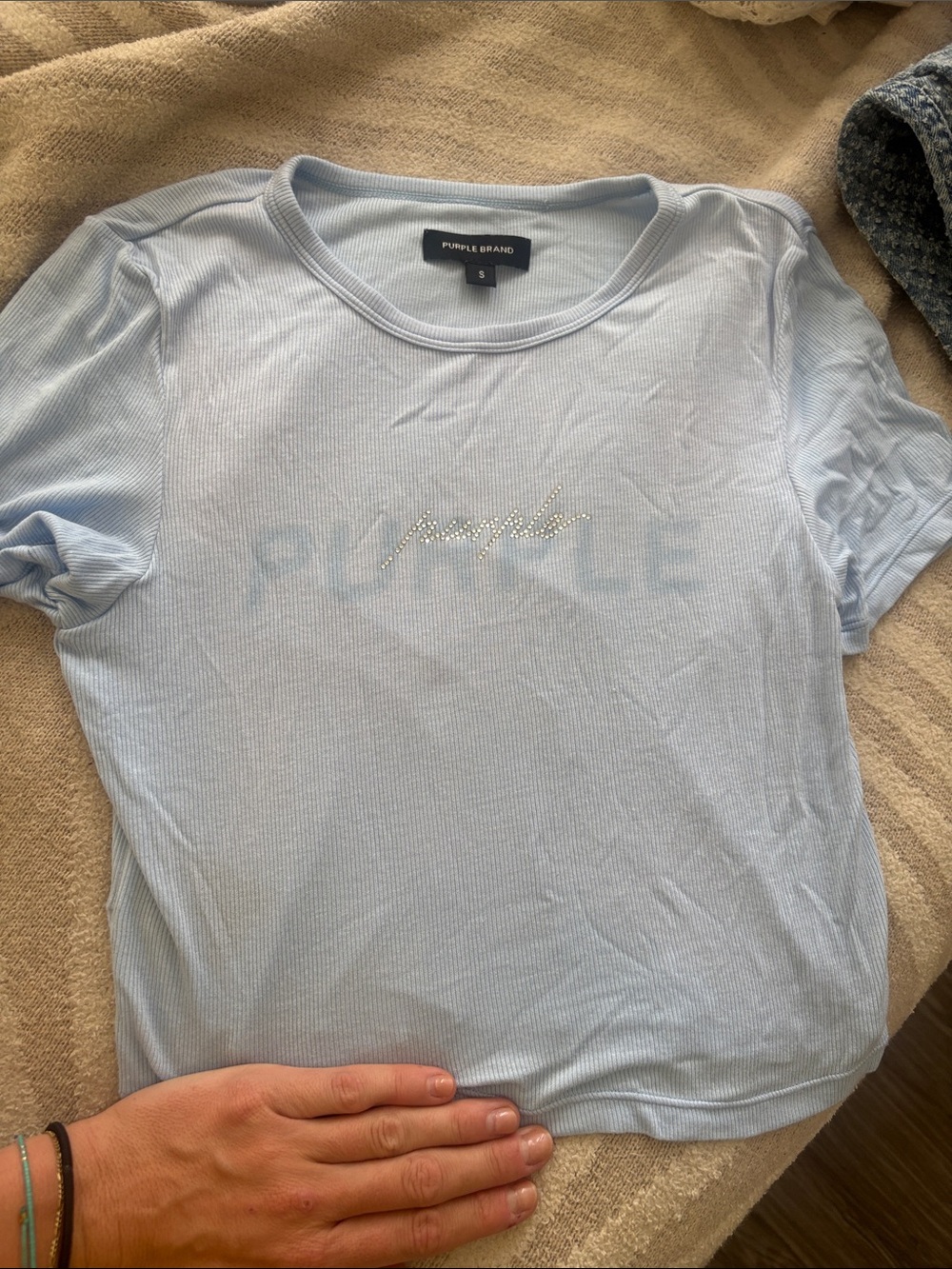 Purple Brand Light Blue Short Sleeve Tee with Embellished Logo